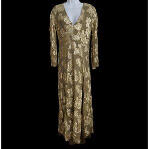 EN CRÈME V-neck Kimono Sleeve Maxi Gold Metallic Dress Boho L